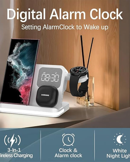 AYI 4in1 Multi Functional Wireless Charging Station with Digital Alarm Clock 15W Fast Charger Night Light Wireless Charger for All Qi Phone and Earbud Headphone Compliant with i-Watch-B22 White