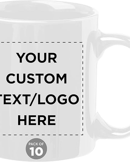 Custom Ceramic Coffee Mugs 11 oz. Set of 10, Personalized Bulk Pack - Coffee cup set, Iced coffee cup, Gaming mug - Creamy White