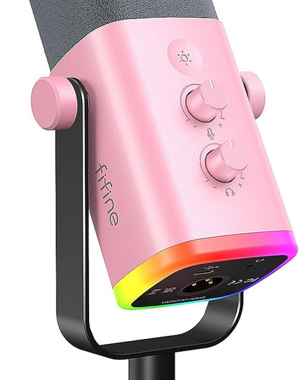 FIFINE XLR/USB Microphone, Gaming Recording PC Microphone with Headphones Jack, Mute Button, Dynamic RGB Mic for Computer, Streaming Mic for Podcasting Voice-Over YouTube Video-AmpliGame AM8 Pink