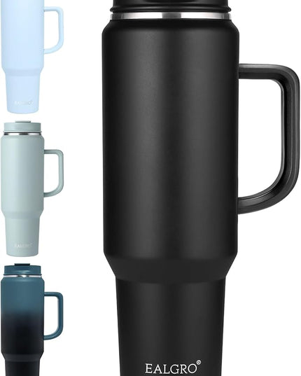 50 oz Tumbler with Handle, Insulated Tumblers with Lid and Straw, Large Metal Sports Water Bottle Jug, Thermal Stainless Steel Travel Coffee Mug Cup, Black