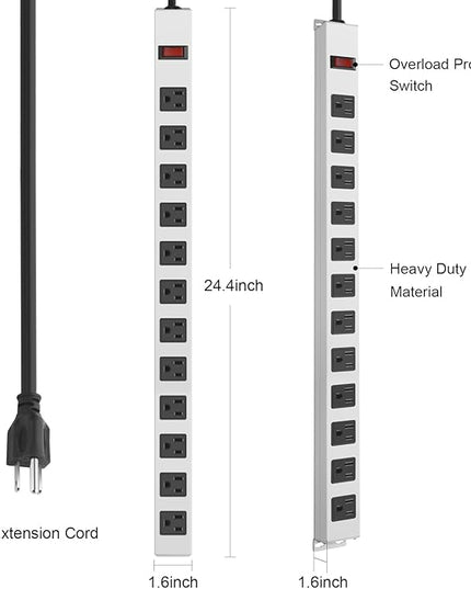 JUNNUJ Metal 12 Outlet Power Strip, Mountable Heavy Duty Power Strip, 1200J Surge Protector Wall Mount Screws Outlet with Switch, Gaming Desk Strips Wide Spaced 15A 125V 1875W, 10 FT 14AWG Power Cord