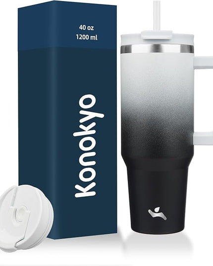 40 oz Tumbler with Handle and 2 Straws,2 in 1 Lid Insulated Water Bottle Stainless Steel Travel Coffee Mug,Day Night