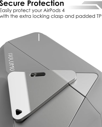 Aulumu A29 Geometric AirPods 4 Case with Lock | Protective Cover with Nylon Buckle | Alloy Armour | Compatible with Apple AirPods 4th (2024) - Grey
