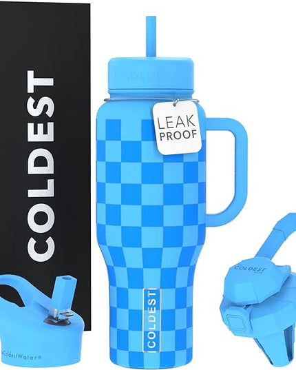 Coldest Tumbler with Handle and Straw - 100% Leak Proof Insulated Tumbler with Lid and Straw (3 Lids) - Stainless Steel Tumblers for Women & Men - Cup Holder Friendly Base, 36 oz (Blue Checkers)