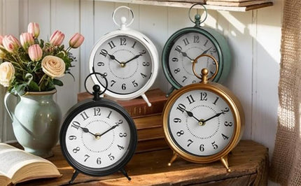 MACVAD Small white table clock Vintage Rustic White Table Clock on Stand, Decorative Desk and Shelf Clock Farmhouse Mantel Clock Rustic Non-Ticking Clock