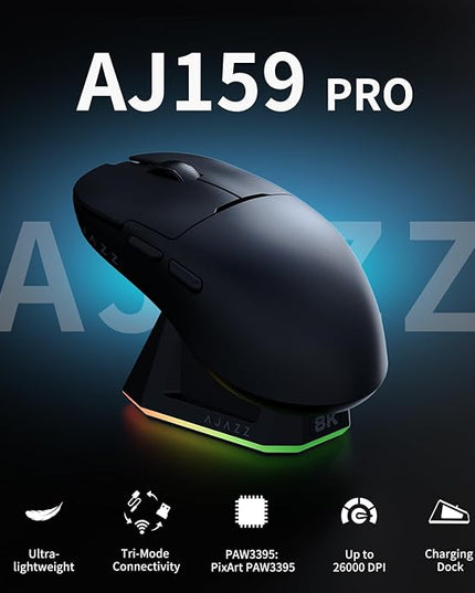 AJ159PRO 8Khz Bluetooth/2.4G/Wired 56G Lightweight Gaming Mouse with Magnetic Charging Dock, PAW3395 Sensor 26KDPI, Huanuo 100 Million Click, 100% ETFE Foot Pad & 8Khz Receiver