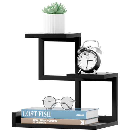 Gannyfer Desk Shelf Organizer - Wood Desktop Shelf, Freestanding Desk Hutch Office Decor, 3 Tier Storage Display Rack, Small Bookshelf with Metal Frame for Books/Plants/Toys (Black)