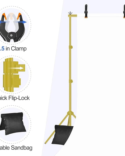 EMART Backdrop Stand 10x7ft(WxH) Photo Studio Adjustable Background Stand Support kit with 2 Crossbars, 8 Clamps, 2 Sandbags and Carry Bag for Parties, Events Decoration, Wedding -Titanium Gold