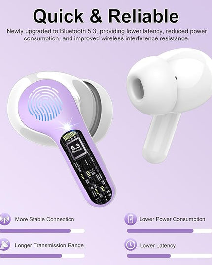 Wireless Earbuds, Bluetooth 5.4 Headphones HiFi Stereo, Bluetooth Earbuds with ENC Noise Cancelling Mic, IP7 Waterproof in Ear Earphones, 48H, LED Display Ear buds for Pad Workout Sports, Purple