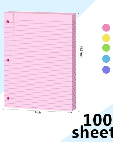 Pink Loose Leaf Paper 200 Sheets Colored Filler Paper 2 Pack 8 * 10.5 College Ruled 3-Hole Punched Paper for 3-Ring Binders Notebook Lined 8" x 10.5"