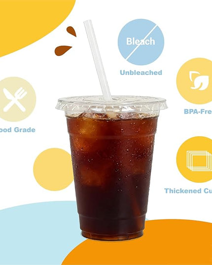 Coolcap 16 oz 100 Pack Disposable Clear Plastic Cups with Lids and Straws, Food Safe Bulk Iced Coffee Cups for Smoothies, Milkshakes and Other Cold Drinks