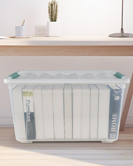 85 L Clear Latch Storage Bin with Lid and Wheels, Stackable Plastic Storage Boxs, 4 Packs