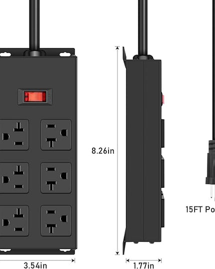JUNNUJ Heavy Duty 20 Amp Power Strip, Garage 6 Outlets Metal 12 Gauge Surge Protector 3000J, High Amp 5-15P Adapter Shop 6-20R T-Slot Industrial (6AC, 15FT)