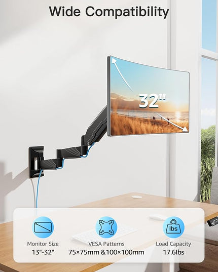 Long Arm Monitor Wall Mount for Max 32 inch Computer Screen, Extra Long Adjustable Single Wall Mount Monitor Arm, Full Motion Vesa Wall Bracket 100x100, Hold up to 17.6lbs, Black