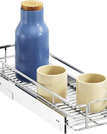 ROOMTEC Pull Out Cabinet Organizer, Single Tier, Black, Kitchen, 9" W x 21" D x 3.5" H, Heavy Duty Slide Out Shelves