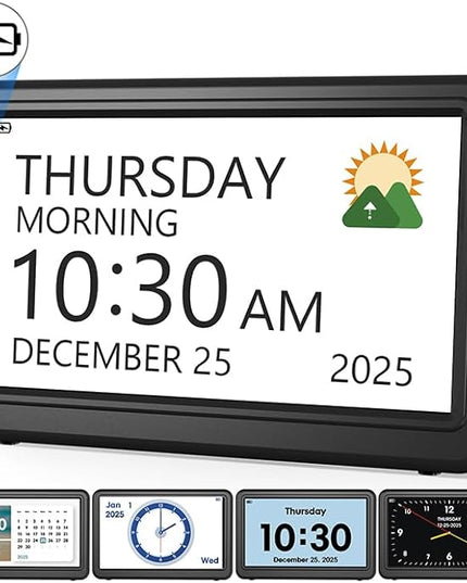 Clock with Day and Date for Elderly Battery Operated, Rechargeable Digital Calendar Clock with 12 Display Modes, 20 Alarms and Medicine Reminders, Dementia Clocks for Seniors Memory Loss Alzheimer's