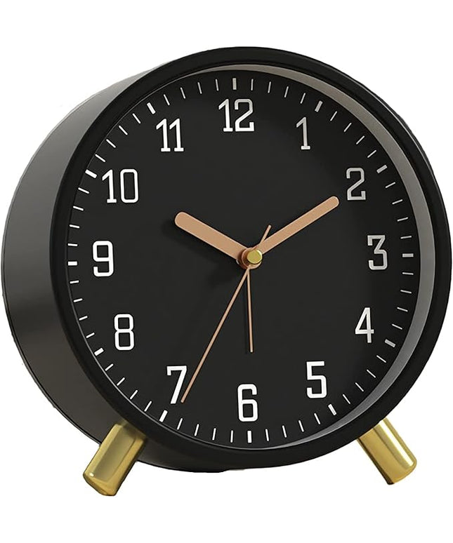 SHISEDECO Alarm Clock with Backlight, 4.5 inches Bedside Analog Non-Ticking Silent Small Deskclock with Arabic Numerals, Battery Operated Round Tableclock for Living Room, Bedroom (Black Color)