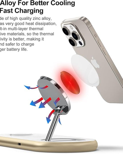 Magnetic Charging Station, 3 in 1 Faster Mag-Safe Wireless Charger Stand, Wireless Charging Pad for Apple Devices, iPhone 17/16/15/14/13/12 Series, iWatch Series, AirPods (Golden)