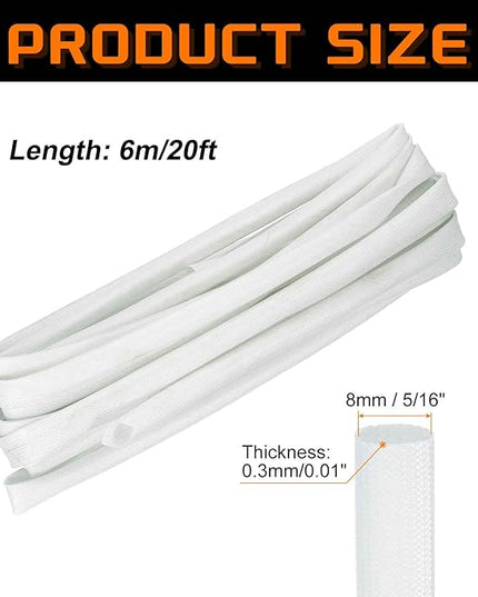 MECCANIXITY 20ft Braided Cable Sleeve, 5/16" ID 200C High Temperature 1500V Fiberglass Wire Insulation Cord Protector Organizer Wires Management for Motor Engine Fuel Line, White