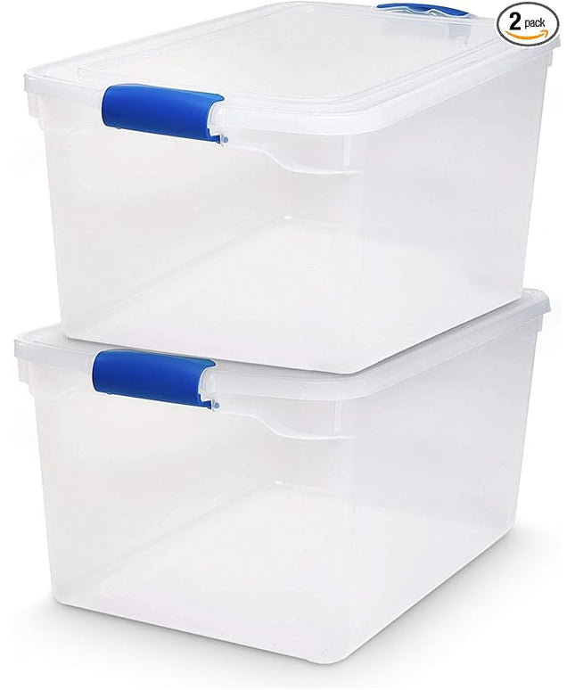 HOMZ 2-Pack Latching Lid, Large Clear Plastic Storage Bins with Lids, 66 Quart, Blue Latch - Stackable Container Boxes for Home, Bathroom, and Office Organization