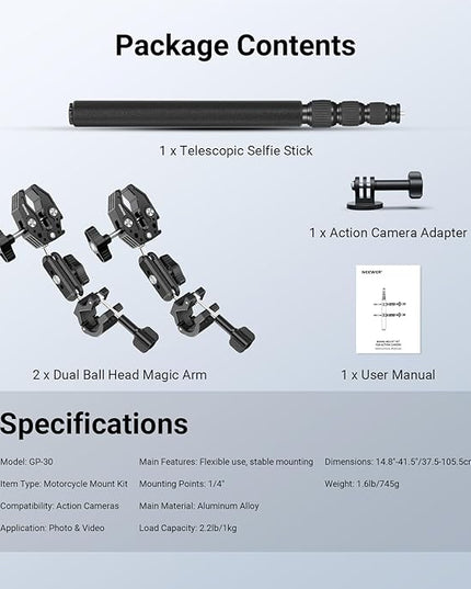 NEEWER Motorcycle Mount Accessories Kit Compatible with GoPro Insta360 DJI, Bike Tail Handlebar Invisible Selfie Stick Double Clamp Holder with Action Camera Adapter for POV Video Recording, GP-30