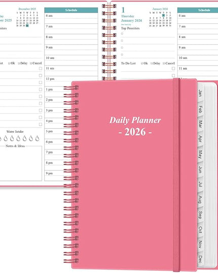 Daily Planner 2026 Full Page Per Day- 2026 Daily & Monthly Planner from January 2026 to December 2026, Day Planner 2026 with 12 Months Tabs, 6.4" x 8,5", Pink