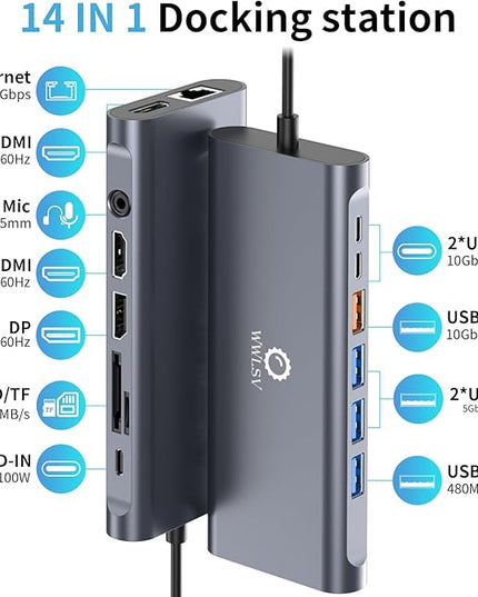 Docking Station 3 Monitors for HP/MacBook/Dell/Lenovo/Surface, USB C Docking Station with Dual 4K@60Hz HDMI & 4K DP, 14-in-1 USB C Hub with 100W PD, USB-A/C 3.1, 1Gbps Ethernet, SD/TF, 3.5mm Audio/Mic