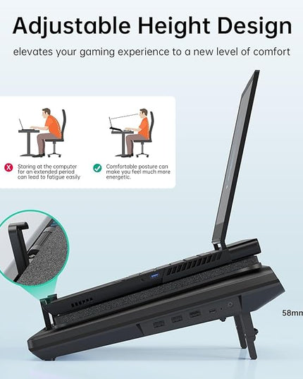llano V12 Laptop Cooling Pad, Gaming Laptop Cooler Stand with 5.5inch Powerful Turbo Fan, Adjustable Speed, Touch Control, 3-Port USB A, for Fast Cooling Laptop 15.6-19in, Black (No RGB)