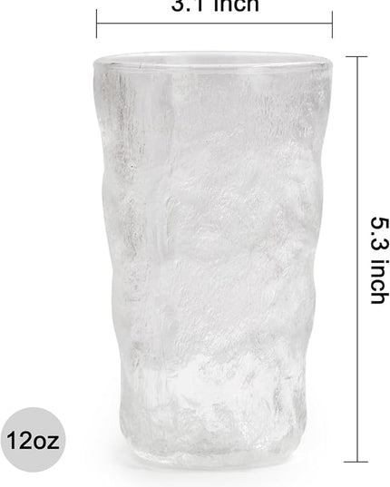 TOSSOW Drinking Glasses Set of 2,Mixed Drink Glassware Sets Glacier Pattern Colorful Glass Water Cups for Wine, Beer, Juice, milk, coffee,Mojito and Cocktail(12 oz) （transparent)