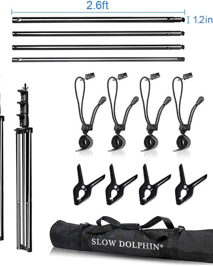 SLOW DOLPHIN 10 x 10Ft Photo Video Studio Heavy Duty Adjustable Muslin Backdrop Stand Background Support System Kit for Photography with Carrying Bag 8 Pcs Clip Clamps
