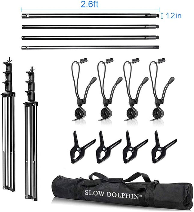 SLOW DOLPHIN 10 x 10Ft Photo Video Studio Heavy Duty Adjustable Muslin Backdrop Stand Background Support System Kit for Photography with Carrying Bag 8 Pcs Clip Clamps