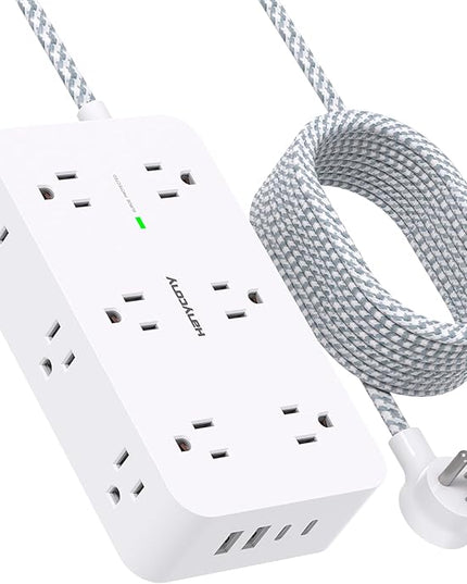 Extension Cord 10 Ft, HANYCONY Surge Protector with 12 Outlets 4 USB Ports (2USB C), Large Desk Power Strip with Long Cord, Flat Plug, Wall Mount for Office Home College Dorm Room Essentials, White