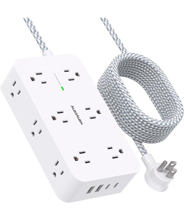 Extension Cord 10 Ft, HANYCONY Surge Protector with 12 Outlets 4 USB Ports (2USB C), Large Desk Power Strip with Long Cord, Flat Plug, Wall Mount for Office Home College Dorm Room Essentials, White