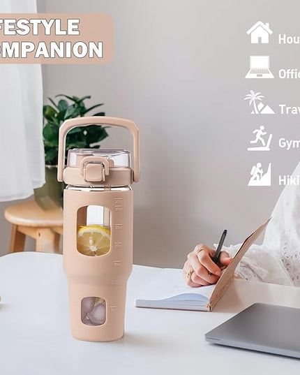 BLUEGO 32oz Glass Tumbler with Lid and Handle, Iced Coffee Cup with Straws, Glass Water Bottle with Silicone Sleeve and Volume, Marker Glass Cup with Time Marking, BPA Free, Amber