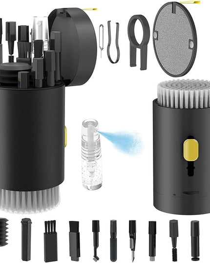 Tounee Keyboard Cleaner Kit, Electronics Cleaning Kit with Retractable Big Brush, Portable, 20 in 1 Multi-Tool Kit for Phones, Tablet, Computer, PC Monitor,TV Camera Lens with 2.5ml Mist Spray (Black)