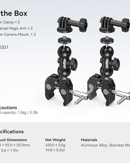 SMALLRIG Super Camera Clamp Mount 2-Pack, Double Ball Head Magic Arm Adapter, Fence/Desk/Tripod Mount for Monitor/Light/Camera, for Insta360, for Gopro, for Osmo Pocket 3, 5321