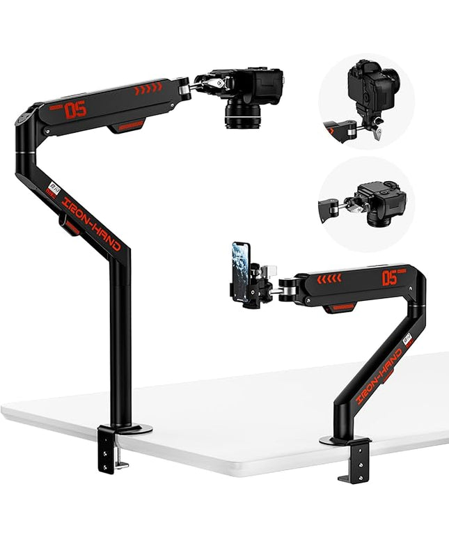 Overhead Camera Mount with 360° Adjustable Arm & Phone Holder for TikTok Live Streaming Photography Studio Content Creation, Desk Mount for for DSLR Camera/Webcam/Microphone, Black