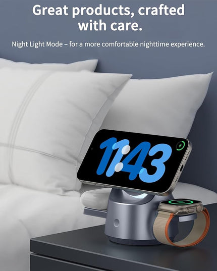 4-in-1 Magnetic Wireless Charging Station with Night Light – Fast Charger Dock for iPhone 17/16/15/14/13, Apple Watch, AirPods – Adjustable Angle MagSafe-Compatible Desk & Bedside Charging Stand