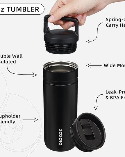 BJPKPK Insulated Water Bottle with 2 Lids,20 oz Double Wall Stainless Steel Vacuum Tumbler Travel Coffee Mug,Wide Mouth Thermal Cup,Black