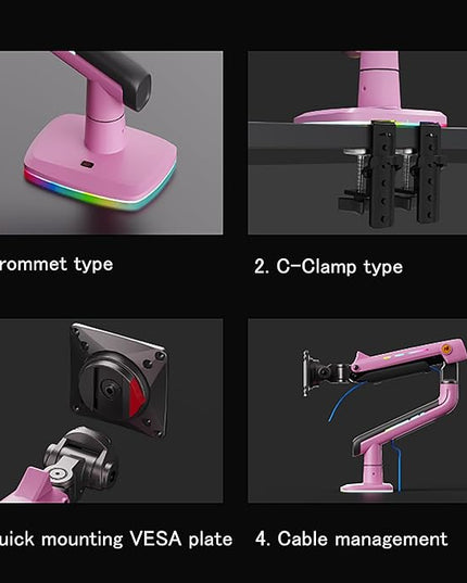 NB Gaming Monitor Arm or for 32 to 60 Inches Screen, Load up to 20 kg, VESA 75/100, RGB-Light, Heavy Duty, Multi Angle Adjustable, Premium Aluminum, Pink