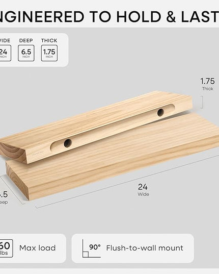 Homeforia 24 inch Natural Floating Shelf, High End Solid Real Wood 24inch Small Floating Shelves for Wall Mounted, Natural Wooden Floating Shelves, Heavy Duty Bracket, 24 X 6.5 X 1.75 in, Set of 2