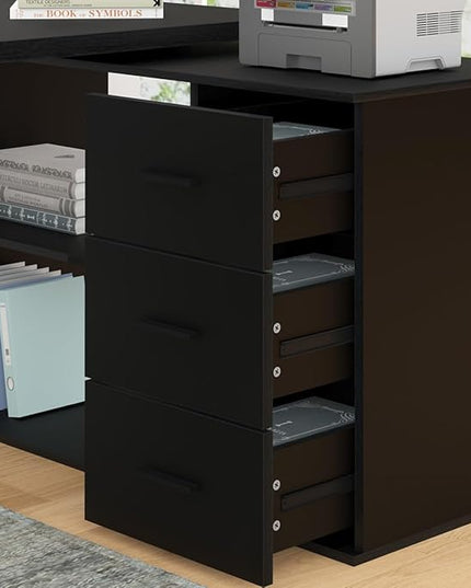 HSH Black L Shaped Desk with Drawers Shelves, 360 Rotating Home Office Desk L Shape with Storage Cabinet, Corner Wood Computer Table for PC Executive Work Study Writing in Bedroom Living Room, 55 in