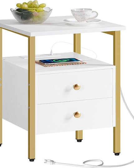 HOOBRO End Table with Charging Station, Bedside Table with 2 Drawer & USB Port & Type-C Port, Nightstand for Small Spaces, Stable and Sturdy, for Living Room, White and Gold DW43UBZ01