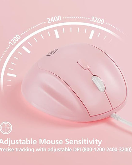 Micropack Ergonomic Mouse Wired for Laptop, PC Computer and Desktop, Ergo Mouse Vertical with Silent Clicks, Up to 3200 DPI Adjustable Mouse Sensitivity, Pink