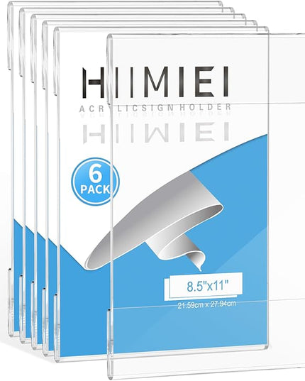 HIIMIEI Acrylic Sign Holder 8.5 x 11 Wall Mounted with Double Sided Tape, 8 1/2 x 11 Clear Plastic Frame for Office, Home, Store, and Restaurant No Drilling (6 Pack)