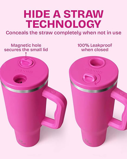 34HD 40 oz Stainless Steel Tumbler - Leakproof Insulated Water Bottle with Handle, Magnetic Lid and Flexible Straw - Iced for 48 Hours – Perfect for Men, Women, Birthday Gift, Pink - Hot Pink