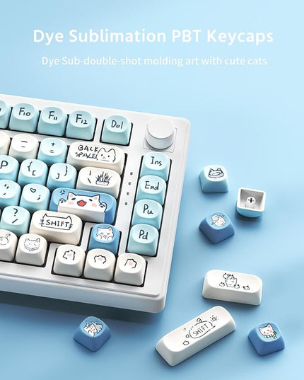 MOA Profile Keycaps - Cute Kitten Theme, PBT Key caps Dye-Sublimation, Custom 131 Keys Set for Cherry Gateron MX Switches Mechanical Keyboard