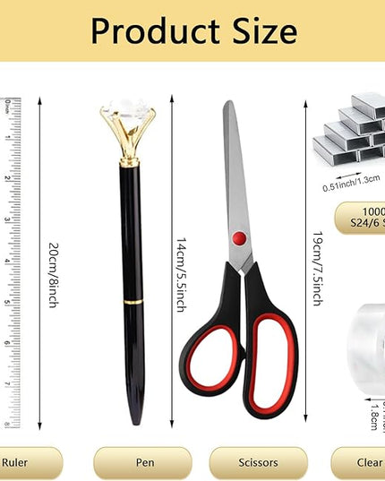 suniya Office Supplies,Desk Accessories,Tape Holder,Stapler,Scissor,Staple Remover,Box of Binder Clips,Staples,Ballpoint Pen,Sticky Notes,Clear Tape,Ruler,Office Supplies Set(Black)