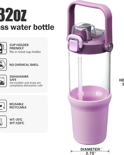 Glass Tumbler with Carry Handle, Clear Glass Water Bottle with Leakproof Lid, Spout Lid&Straw, BPA-Free, 32 oz, Lilac