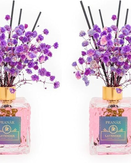 PEANÄK Reed Diffuser Set - French Lavender Fragrance 6.7oz (200 ml) - 2 Pack Real Preserved Flowers & Reed Sticks for Home & Office Bathroom Shelf Décor with Long Lasting Gift Scents